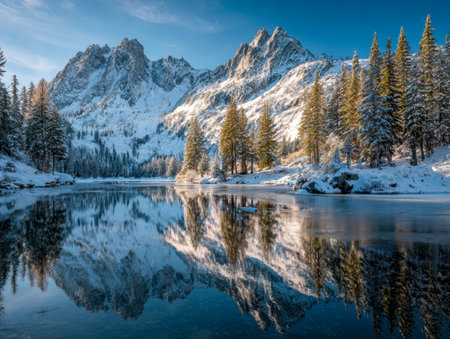 Majestic white-topped summits mirror perfectly on a still, icy surface, framed by towering evergreens beneath a crisp, vibrant winter sky.の写真素材