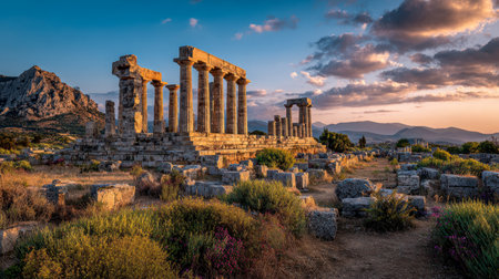 A majestic ancient temple remains stand illuminated by golden hour light, with towering stone pillars set against a vivid sky and rugged mountain scenery.の写真素材