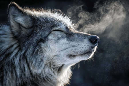 A noble gray wolf takes a slow, calming breath in the crisp winter air, its breath forming a mist against a shadow, out-of-focus backdrop highlighting its plush furの写真素材