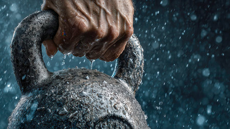 A powerful grip clutching a damp kettlebell amid a vigorous training session, with water droplets scattering in a shadowy, high-energy gym setting.の写真素材