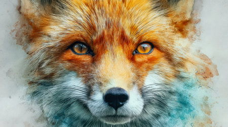 A mesmerizing watercolor portrait capturing a fox's face, where fiery reds seamlessly merge with icy blues, exuding mystery and allure through expressive detail.の写真素材
