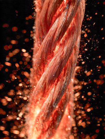 Fiery molten steel strands crackle and shimmer under extreme friction, casting vivid sparks against a shadowy industrial backdrop in a moment of raw power and intensityの写真素材
