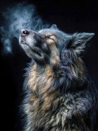 A serene, long-haired canine with closed eyes basks in crisp winter air, delicate breath clouds rising against a dark backdrop, embodied tranquility.の写真素材