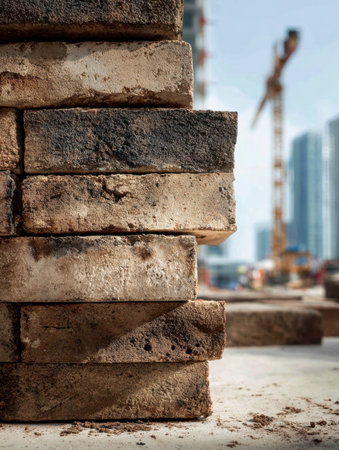 Focused on aged bricks, the foreground contrasts with bustling cranes and sleek skyscrapers softly blurred behind, capturing urban growth and resilience.の写真素材