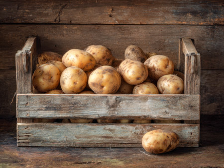 A charming farmers' scene featuring a sturdy wooden box brimming with golden tubers, set on aged planks amidst a backdrop of rugged, textured timber.の写真素材