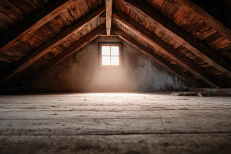 Gentle sunlight filters through a quaint wooden hatch, illuminating weathered beams and aged planks, evoking a cozy, timeless charm of bygone days.の写真素材