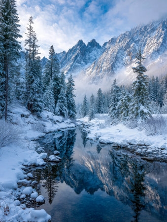 A tranquil winter scene showcasing frosted pines and majestic mountain summits mirrored in a gentle, glassy river beneath a sky streaked with soft clouds and vibrantの写真素材