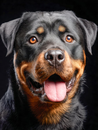 A joyful rottweiler with glossy black and tan coat, playfully sticking out its tongue, captured in a vibrant, expressive portrait against a dark backdrop.の写真素材