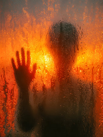A shadowy figure presses their hand against a misty glass, bathed in amber glow, evoking intrigue and the quiet power of unseen presence.の写真素材