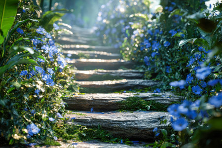 A tranquil garden scene featuring weathered stone steps weaving through bright blue blooms and abundant green leaves, basked in gentle sunlight for calming charm.の写真素材
