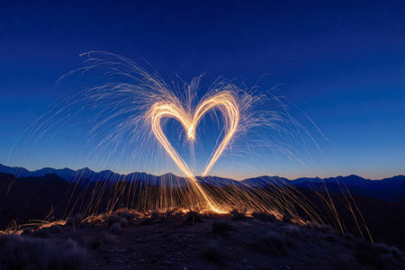 A glowing heart formed by sparklers illuminates a tranquil mountain scene at dusk, set against a rich, deep blue sky and distant jagged peaks.の写真素材