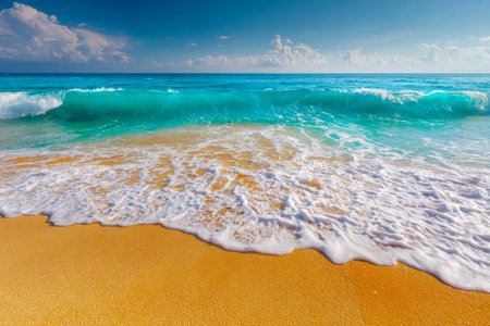 Crystal-clear cerulean waters cascade softly onto a warm, sunlit shore, framed by a vivid sky dotted with fluffy clouds, evoking calm and serenity by the sea.の写真素材