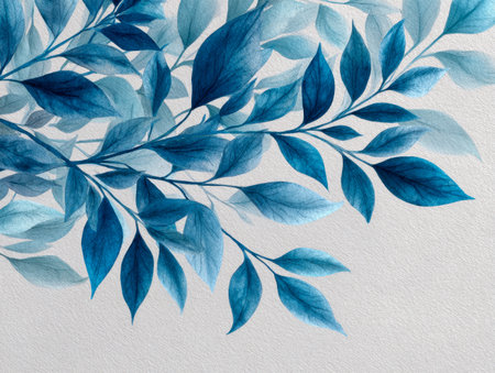 A tranquil botanical artwork featuring soft blue hues and gentle brushstrokes, capturing the fragility of leaves and branches on textured paper with layered transparの写真素材