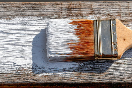 A painter's hand carefully spreads creamy white paint onto textured, aged wood, capturing the essence of a bright outdoor renovation under clear skies.の写真素材