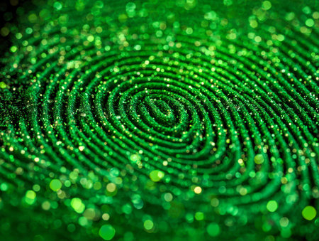 A detailed close-up of a textured fingerprint shimmering with glitter, accentuated by vivid green lights that cast a captivating, luminous pattern.の写真素材