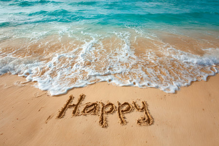 Bright sunlight illuminates soft sand where a cheerful message is carved, as calm waves glide toward the shoreline, embodying joyful summer serenity.の写真素材