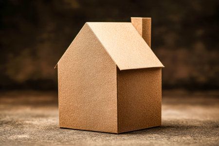 A minimalistic house crafted from brown cardboard featuring a chimney, set on a textured surface against a dark, blurred backdrop representing real estate and the idの写真素材