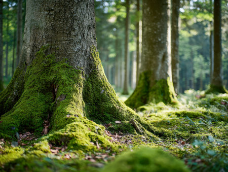Bright sunlight filters through lush foliage, highlighting ancient tree trunks cloaked in velvety moss amid a peaceful woodland path rich with lively greenery.の写真素材