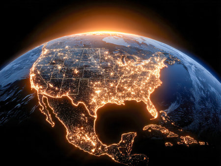 A breathtaking view from space highlighting North America's vibrant hot urbanspots and defined state lines as dawn approaches, casting a warm glow over the horizon.の写真素材
