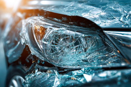 A close-up of a broken car headlight with jagged glass and scratched panels, glinting under sunlight on a busy city street after a crash.の写真素材