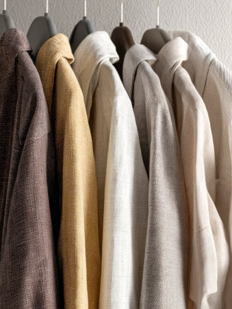A sophisticated wardrobe display showing a variety of warm, textured outerwear in natural hues, organized on sleek black hangers against a rich wood backdrop.の写真素材