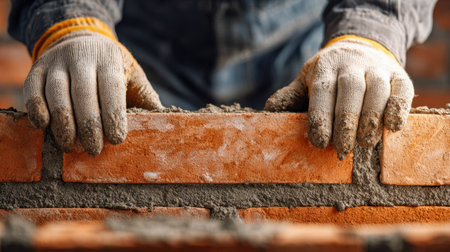 A skilled craftsman in safety gloves meticulously arranges bricks and evenly spreads mortar, contributing to the creation of a resilient, well-constructed wall outdoの写真素材