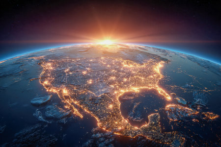 A breathtaking view of Earth's early morning awakening, with North America and nearby areas aglow in vibrant urban illumination against a rising sun backdrop.の写真素材