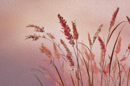 A refined arrangement of wispy dried grasses in pastel pink and violet shades, illuminated softly to evoke serenity and natural elegance against a textured backdrop.の写真素材