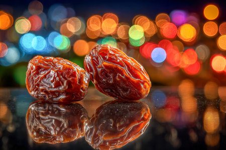 Two shiny dried dates rest on a mirror-like surface, surrounded by shimmering, colorful bokeh spots that evoke a lively, celebratory mood.の写真素材