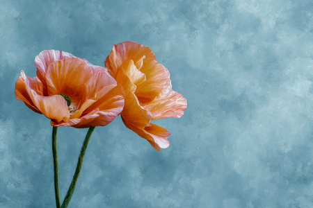 A graceful cluster of vibrant orange poppies with intricate, textured petals rests softly against a pastel blue, creating a tranquil and refined floral scene perfectの写真素材