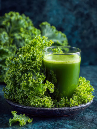 Bright green kale elixir in a clear glass, embraced by fresh, crunchy leaves on an aged wooden surface, embodying a pure, revitalizing wellness ritual.の写真素材