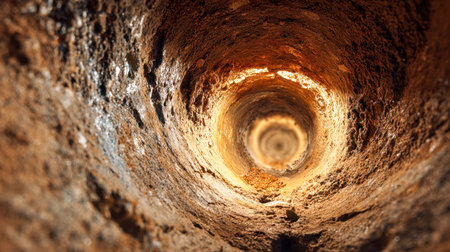 A view peering into an age-old passageway with rugged, textured walls bathed in soft sunlight streaming from the distant exit, creating a warm, atmospheric glow.の写真素材