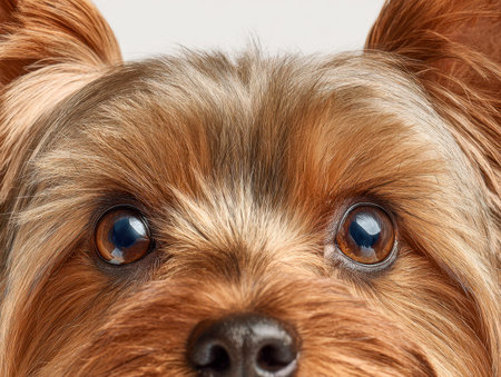 A vivid close-up captures a charming canine's gentle face, highlighting velvety golden fur and soulful brown eyes that reveal warmth, curiosity, and friendliness.の写真素材