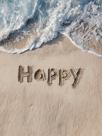Vibrant handwritten message nestled in soft sand, surrounded by tranquil surf and shimmering waters, radiating optimism and blissful seaside serenity.の写真素材