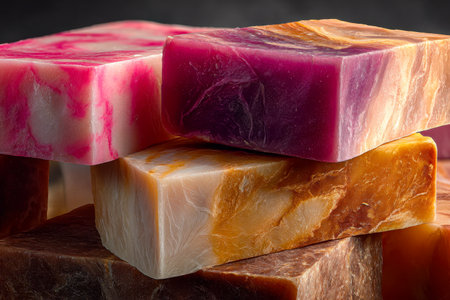 Brightly hued handcrafted soaps arranged in a tight cluster highlight swirling patterns and earthy tones, creating a striking contrast against a deep, dark backdrop.の写真素材