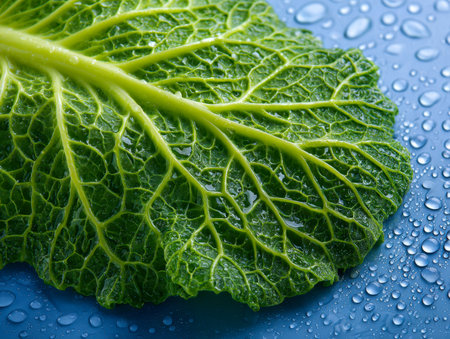A lush, vividly colored leafy vegetable adorned with tiny water beads, contrasting elegantly against a sleek blue backdrop, emphasizing freshness and intricate textuの写真素材