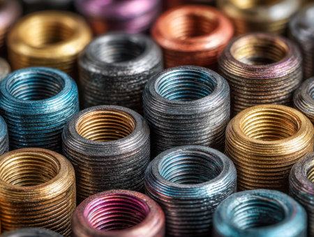 A vivid display of metallic inserts with bright, rainbow-like hues, tightly packed to highlight intricate textures and the precise craftsmanship of industrial componの写真素材