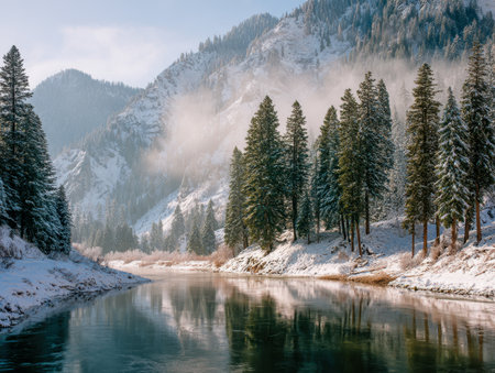 Tranquil winter scene featuring frosted pines mirrored in a gentle river, with misty mountain ridges bathed in soft early light creating a peaceful atmosphere.の写真素材