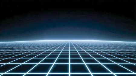 A luminous, expansive network of neon blue lines stretches into the distance beneath a starlit night sky, evoking a sleek, cutting-edge digital realm.の写真素材