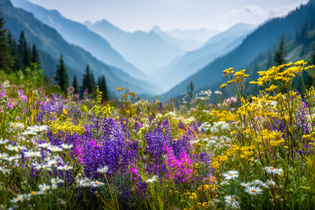 A lively burst of wildflowers carpets a tranquil mountain valley, with rolling misty peaks in the distance evoking peace and summer's vivid spirit.の写真素材