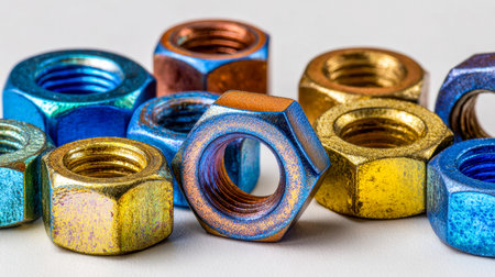 A vibrant collection of metallic hex nuts with diverse finishes, neatly arranged on a clean white background highlighting their intricate threading and glossy textureの写真素材