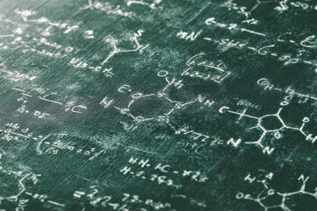 Chalk sketches of intricate chemical bonds and advanced equations adorn a vibrant green board, capturing a moment of intellectual discovery and teaching inspiration.の写真素材