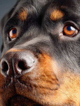 A striking Rottweiler's face captured with piercing eyes, a glossy snout, and iconic black and chestnut coat, set against a gentle gray backdrop.の写真素材