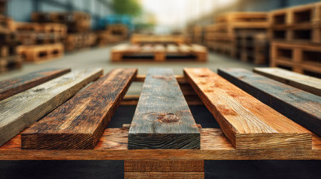 Rustic outdoor storage displays an assortment of timber boards stacked on pallets, highlighting diverse wood patterns and warm hues in a natural, weathered environmeの写真素材