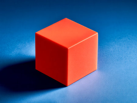 A bold orange geometric prism rests on a sleek blue plane, accentuated by stark shadows and contrasting tones that emphasize minimalist design.の写真素材
