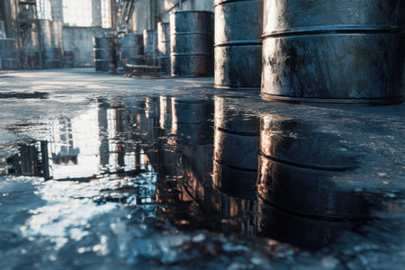 Rows of metallic containers rest on a rugged concrete floor, veiled in natural light streaming through expansive glass panels, creating shimmering reflections amidstの写真素材