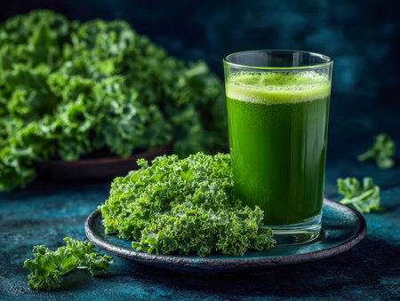 Vibrant green juice with a frothy top, paired with fresh kale leaves on a rugged ceramic plate, set against a deep, textured backdrop to emphasize vitality and wellnの写真素材
