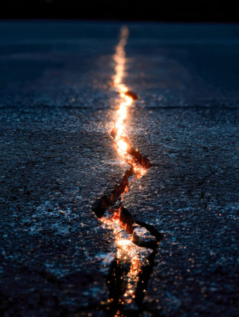 A striking fiery fissure illuminates a stark, shadowed pavement, casting glowing orange hues that contrast vividly against the surrounding darkness, evoking an intenseの写真素材