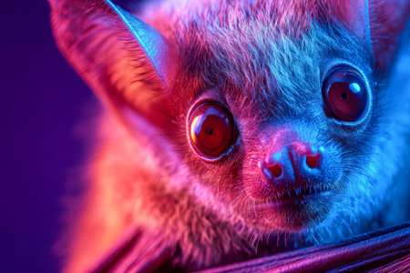 A striking nocturnal creature with expressive eyes, dazzling in vibrant neon blue and pink hues; showcases intricately textured fur and prominent ears in a dynamic sの写真素材