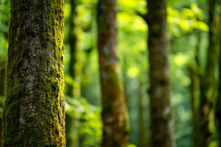 Sun-dappled forest scene showcasing lush greenery and vibrant moss-clad trunks, evoking tranquility amid nature's serene, untouched environment.の写真素材